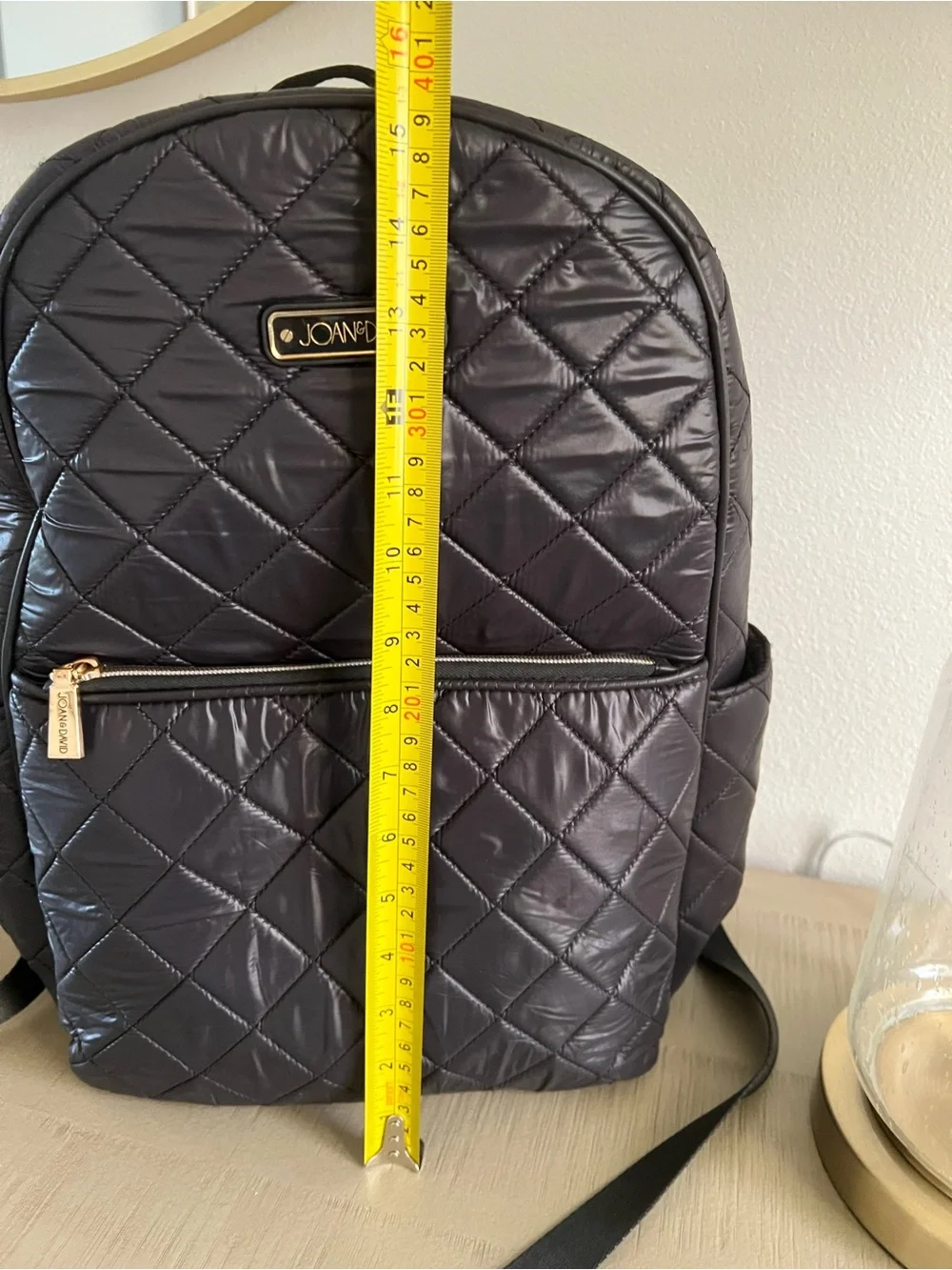 Joan & David Quilted Black Nylon Backpack with Gold Accents